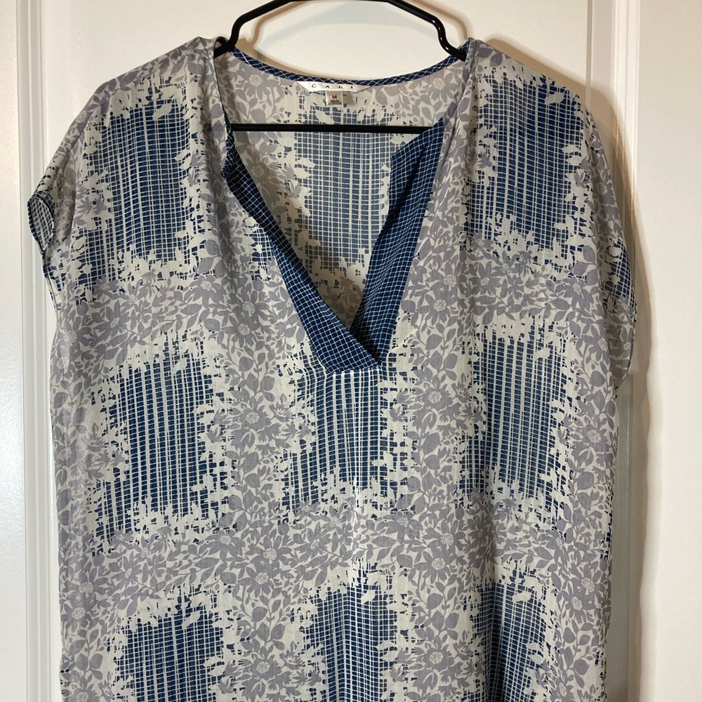 CAbi Light and dark blue with lavender print gauzy short sleeve shirt